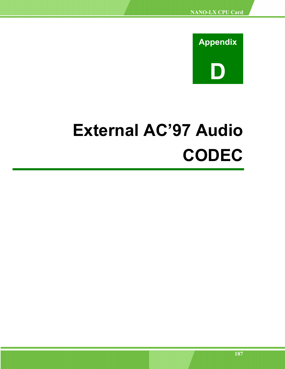 External ac’97 audio codec, D external ac’97 audio codec | IEI Integration NANO-LX v1.00 User Manual | Page 187 / 211