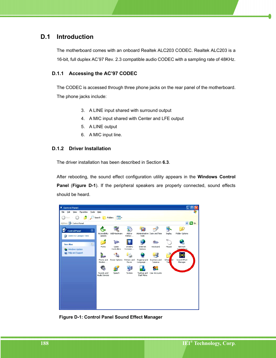 Introduction, Accessing the ac’97 codec, Driver installation | D.1 i, Ntroduction, D.1.1, D.1.2, D.1 introduction | IEI Integration NANO-LX v1.00 User Manual | Page 188 / 211