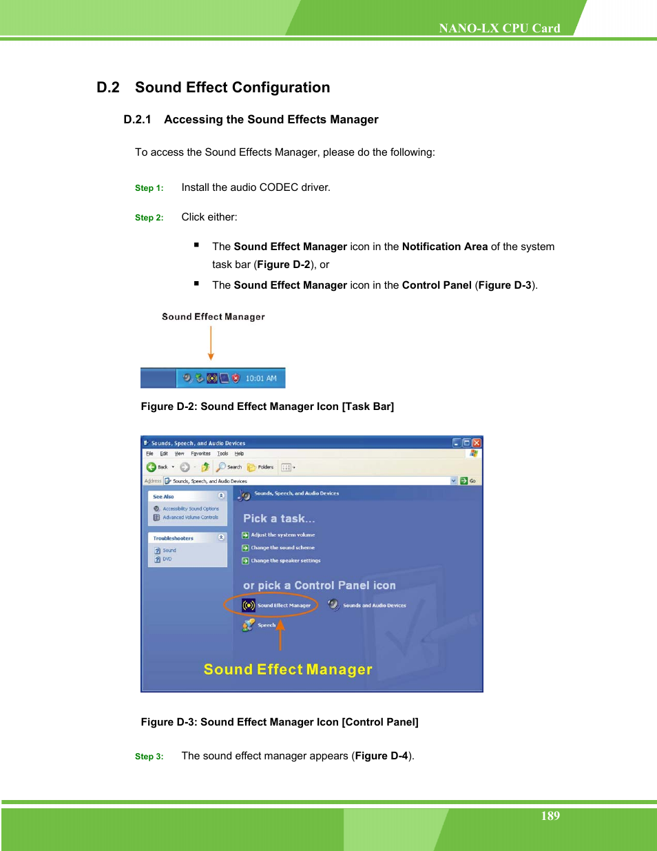 Sound effect configuration, Accessing the sound effects manager, D.2 s | Ound, Ffect, Onfiguration, D.2.1, D.2 sound effect configuration | IEI Integration NANO-LX v1.00 User Manual | Page 189 / 211