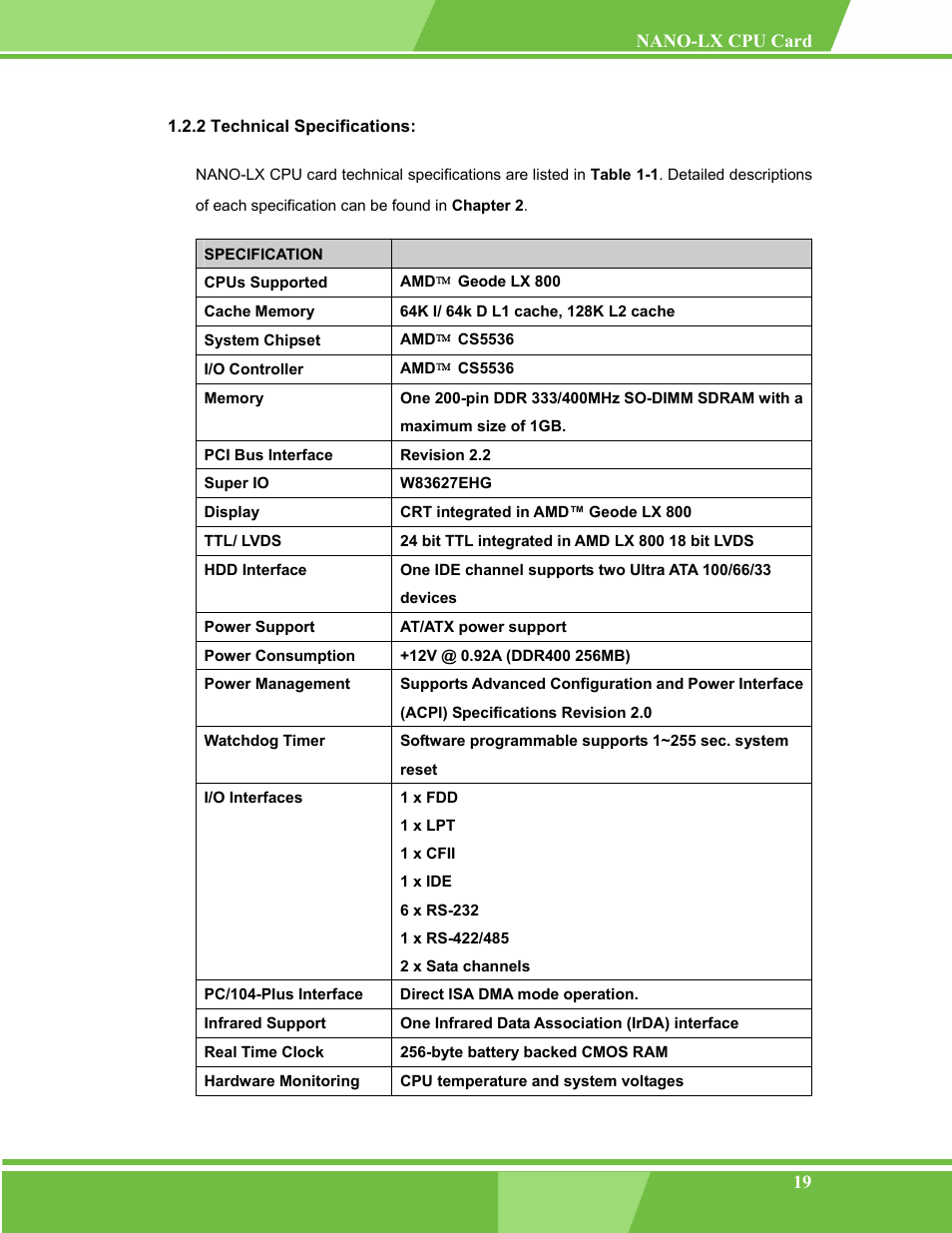 Technical specifications, 2 technical specifications | IEI Integration NANO-LX v1.00 User Manual | Page 19 / 211