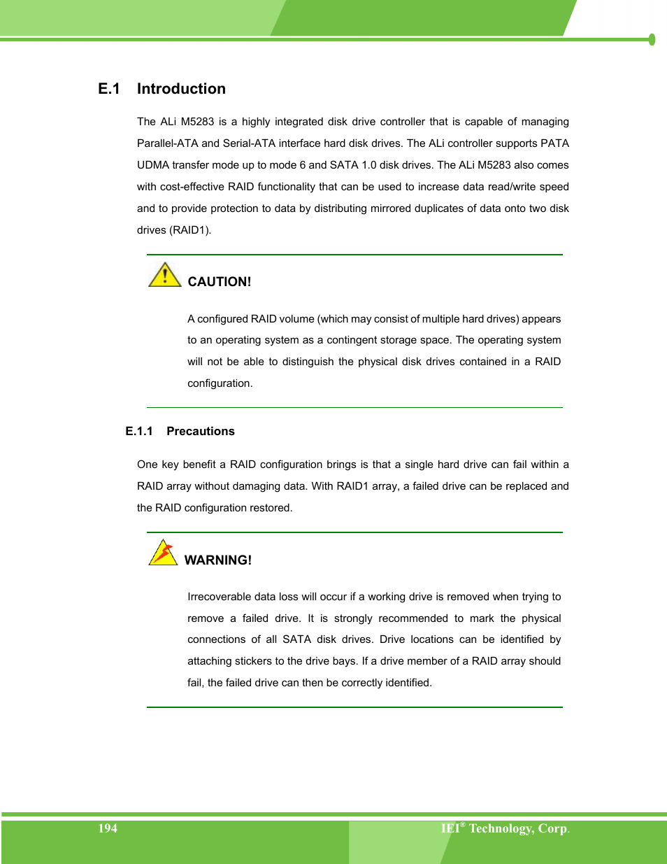 Introduction, Precautions, E.1 i | Ntroduction, E.1.1, E.1 introduction | IEI Integration NANO-LX v1.00 User Manual | Page 194 / 211