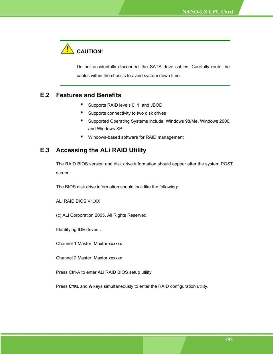 Features and benefits, Accessing the ali raid utility, E.2 f | Eatures and, Enefits, E.3 a, Ccessing the, Raid u, Tility, E.2 features and benefits | IEI Integration NANO-LX v1.00 User Manual | Page 195 / 211