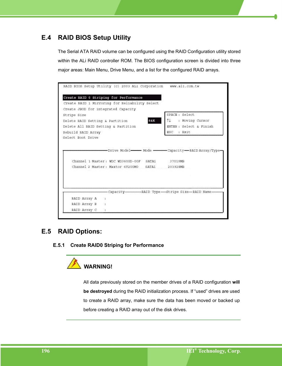 Raid bios setup utility, Raid options, Create raid0 striping for performance | Raid bios s, Etup, Tility, E.5 raid, Ptions, E.5.1, E.4 raid bios setup utility | IEI Integration NANO-LX v1.00 User Manual | Page 196 / 211