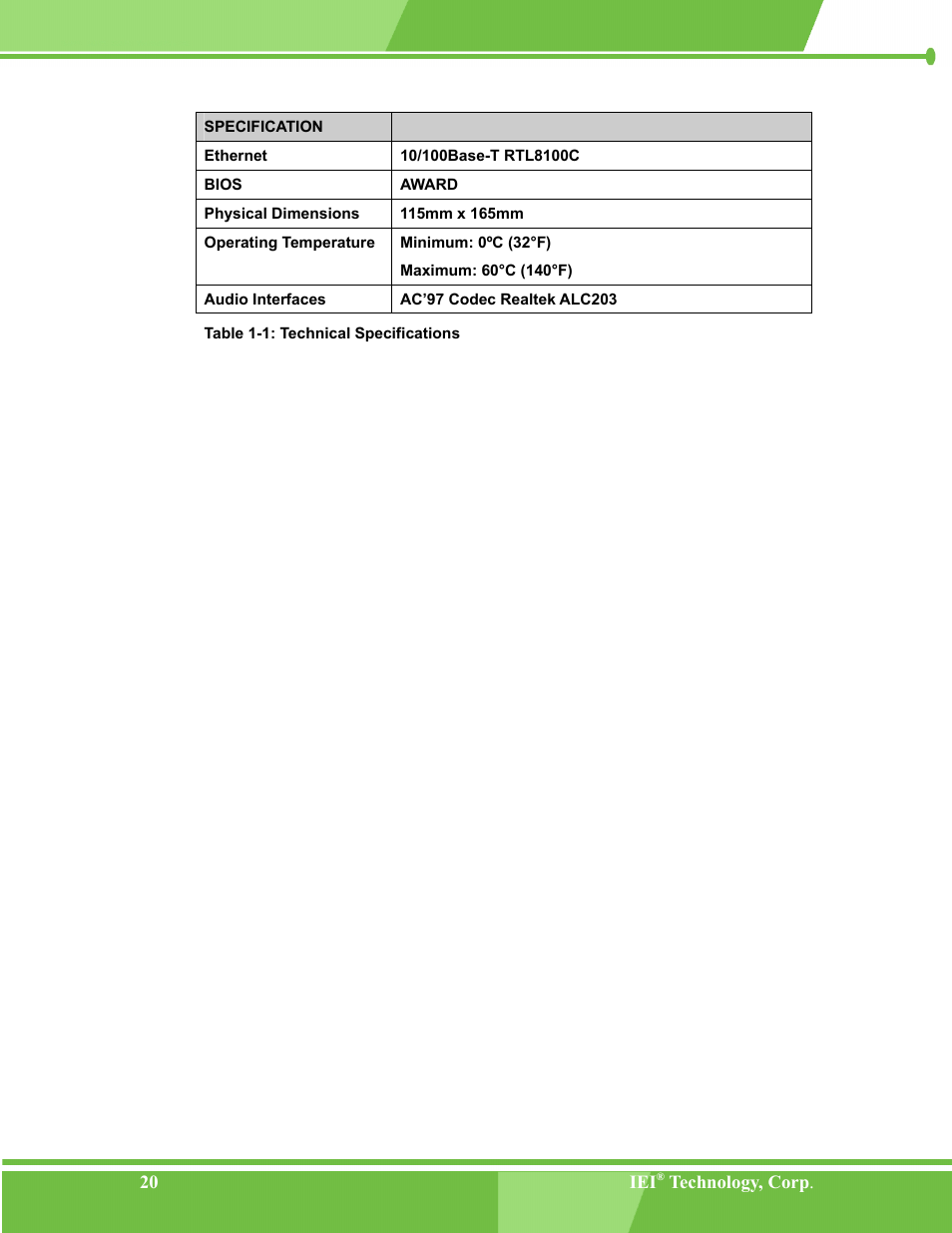 Table 1-1: technical specifications | IEI Integration NANO-LX v1.00 User Manual | Page 20 / 211