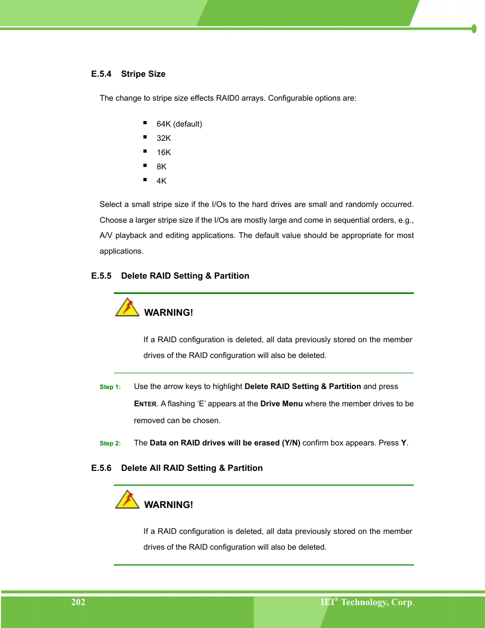 Stripe size, Delete raid setting & partition, Delete all raid setting & partition | E.5.4, E.5.5, E.5.6 | IEI Integration NANO-LX v1.00 User Manual | Page 202 / 211