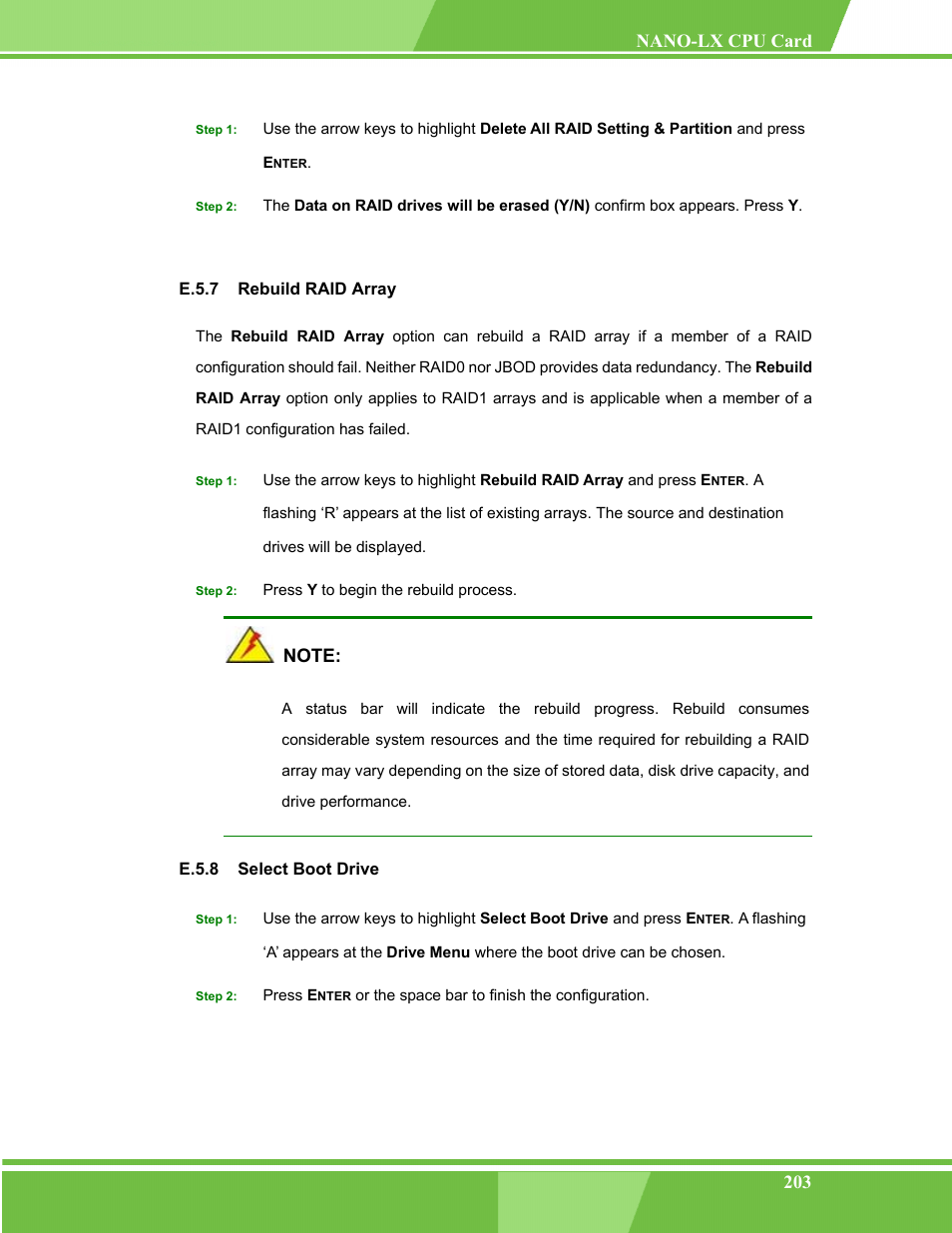 Rebuild raid array, Select boot drive, E.5.7 | E.5.8 | IEI Integration NANO-LX v1.00 User Manual | Page 203 / 211
