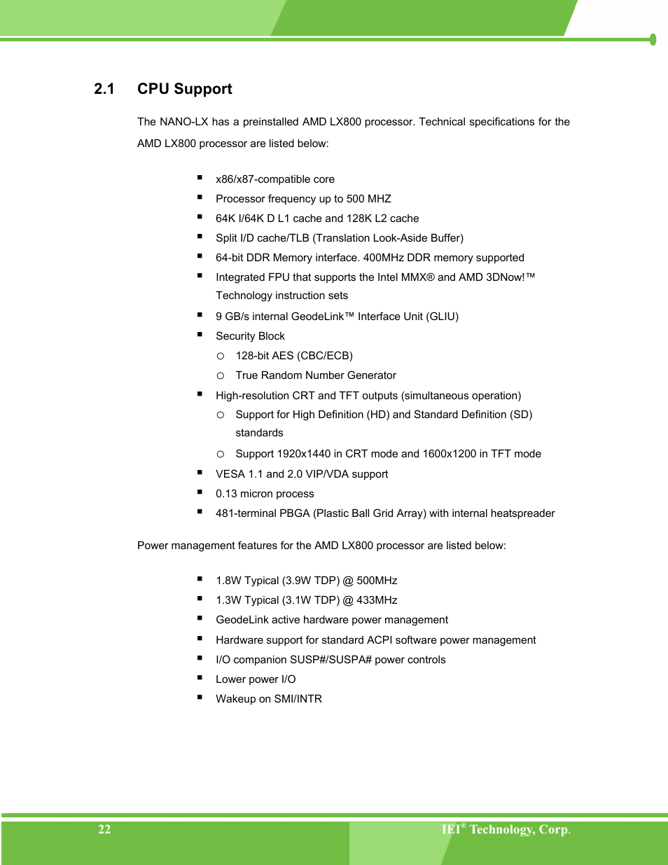 Cpu support, 1 cpu, Upport | IEI Integration NANO-LX v1.00 User Manual | Page 22 / 211