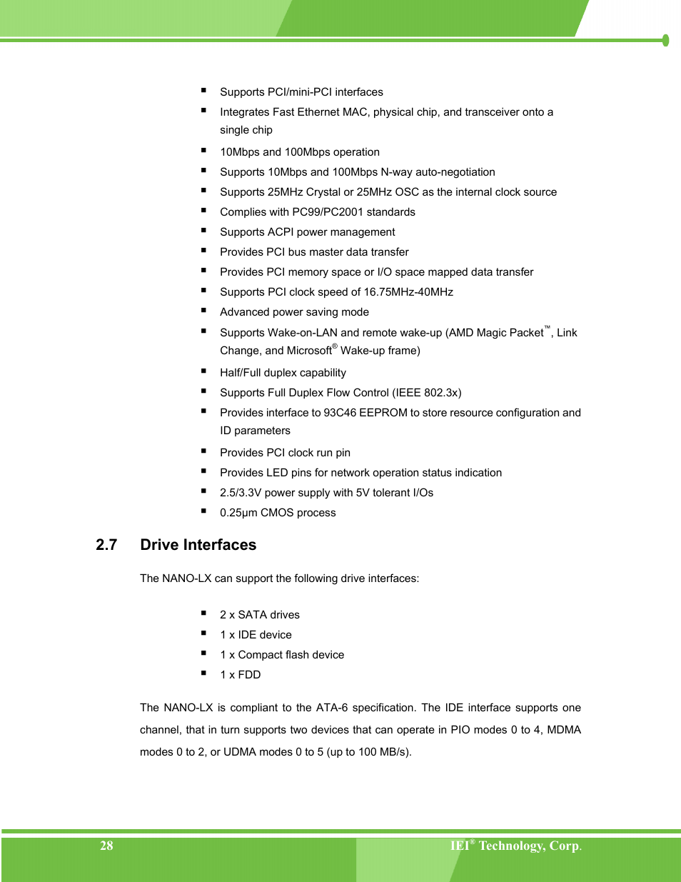 Drive interfaces, Rive, Nterfaces | 7 drive interfaces | IEI Integration NANO-LX v1.00 User Manual | Page 28 / 211