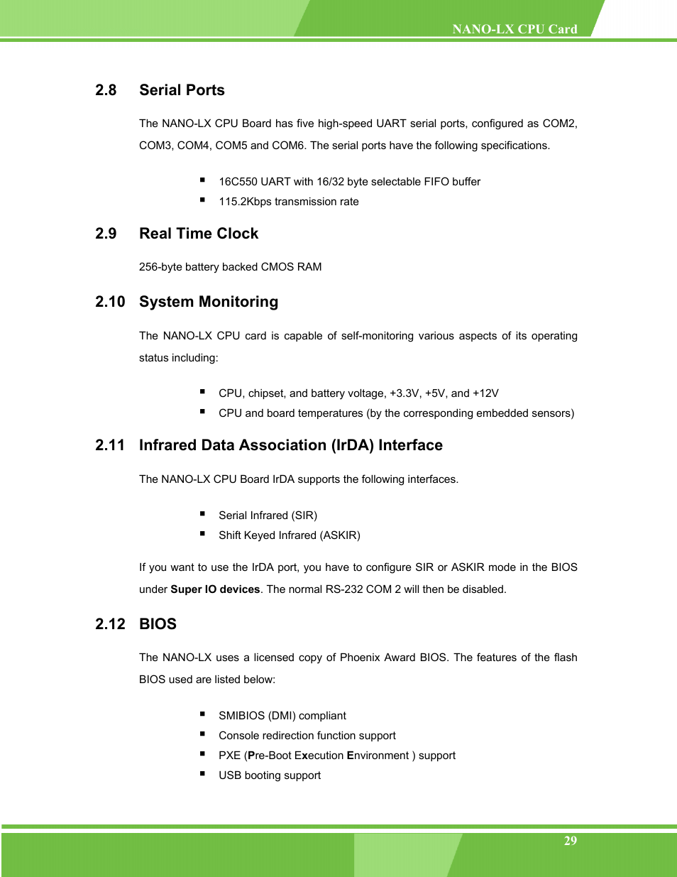 Serial ports, Real time clock, System monitoring | Infrared data association (irda) interface, Bios, Erial, Orts, Lock, 10 s, Ystem | IEI Integration NANO-LX v1.00 User Manual | Page 29 / 211