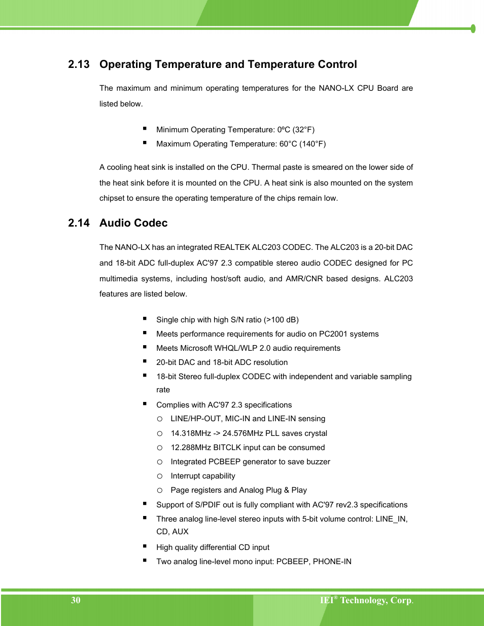 Operating temperature and temperature control, Audio codec, 13 o | Perating, Emperature and, Emperature, Ontrol, 14 a, Udio, Odec | IEI Integration NANO-LX v1.00 User Manual | Page 30 / 211
