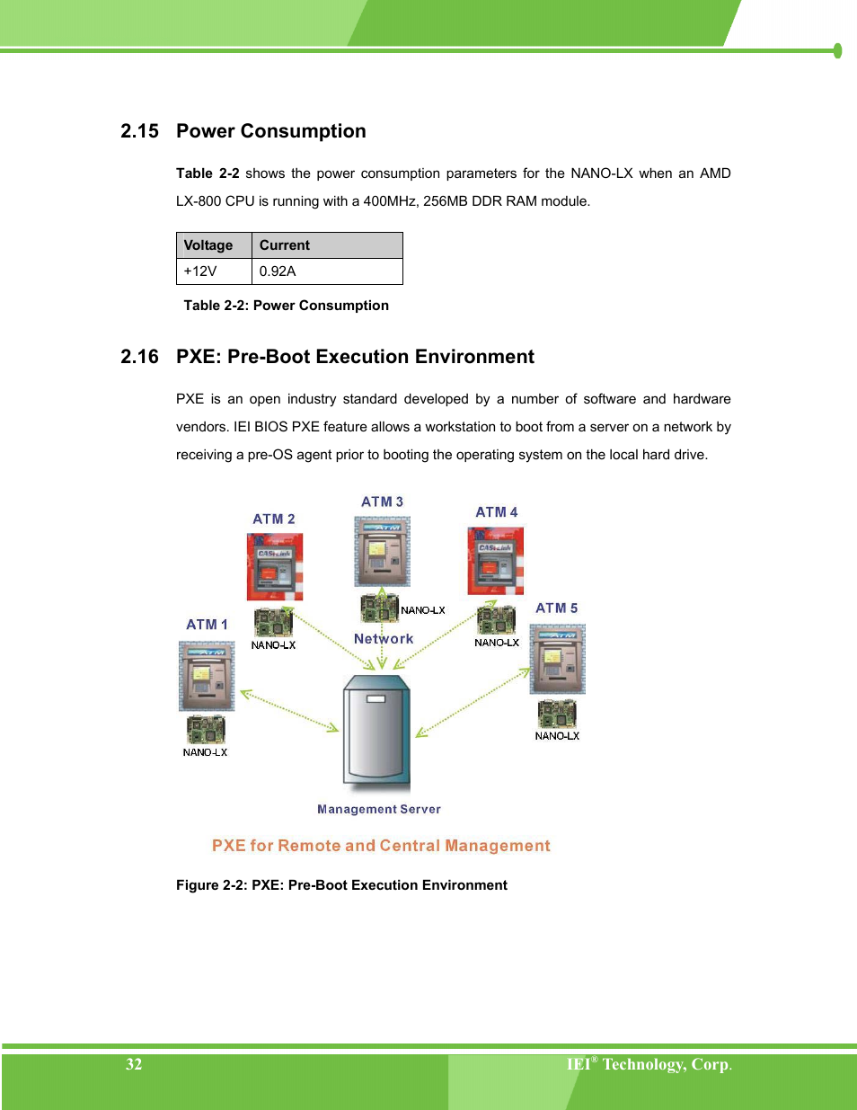 Power consumption, Pxe: pre-boot execution environment, 15 p | Ower, Onsumption, 16 pxe, Xecution, Nvironment, Figure 2-2: pxe: pre-boot execution environment, Table 2-2: power consumption | IEI Integration NANO-LX v1.00 User Manual | Page 32 / 211