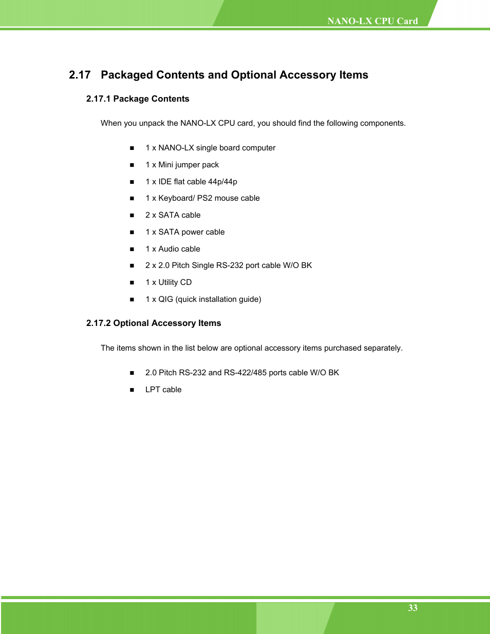 Packaged contents and optional accessory items, Package contents, Optional accessory items | 17 p, Ackaged, Ontents and, Ptional, Ccessory, Tems, 1 package contents 2.17.2 optional accessory items | IEI Integration NANO-LX v1.00 User Manual | Page 33 / 211