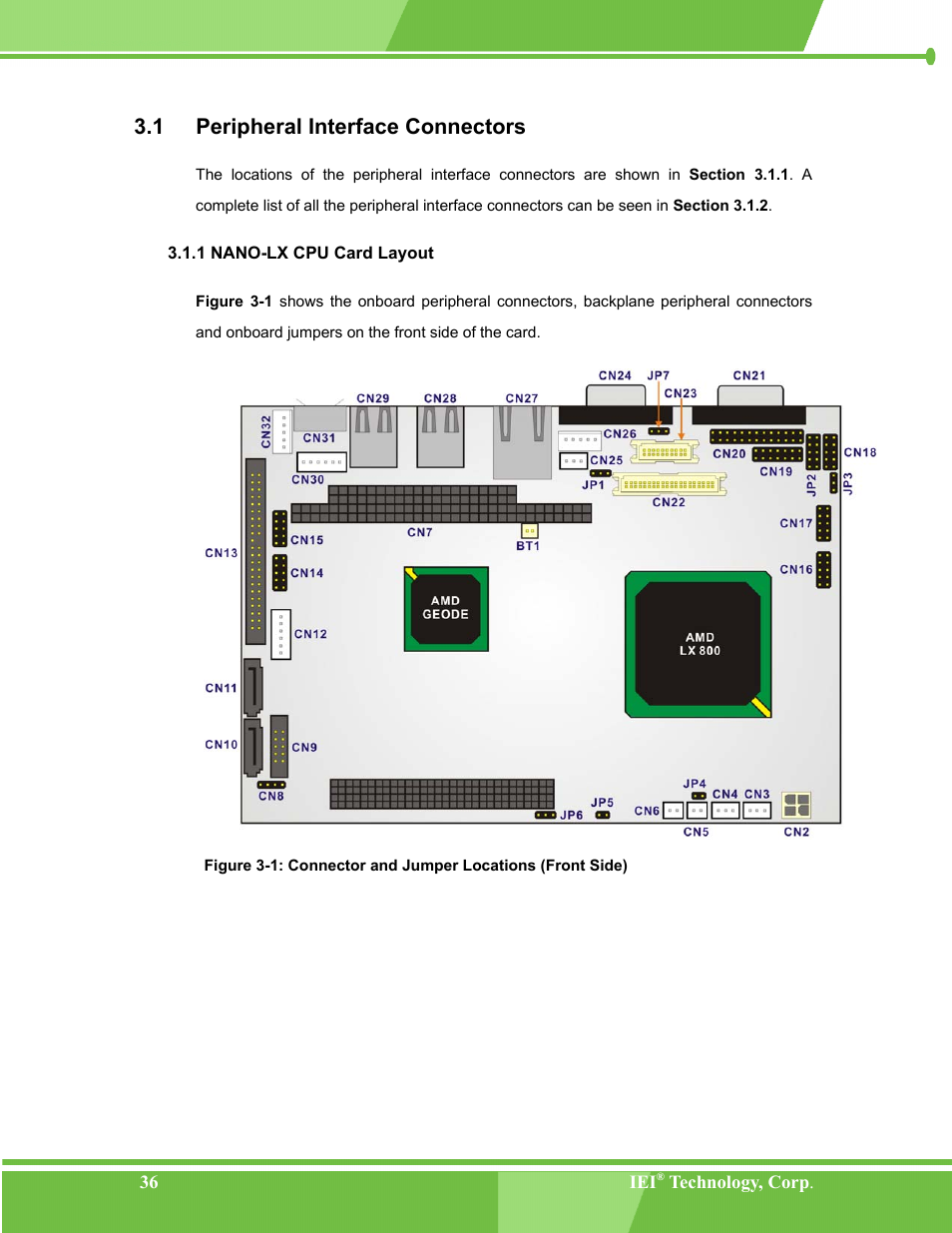 Peripheral interface connectors, Nano-lx cpu card layout, Eripheral | Nterface, Onnectors, 1 nano-lx cpu card layout, 1 peripheral interface connectors | IEI Integration NANO-LX v1.00 User Manual | Page 36 / 211