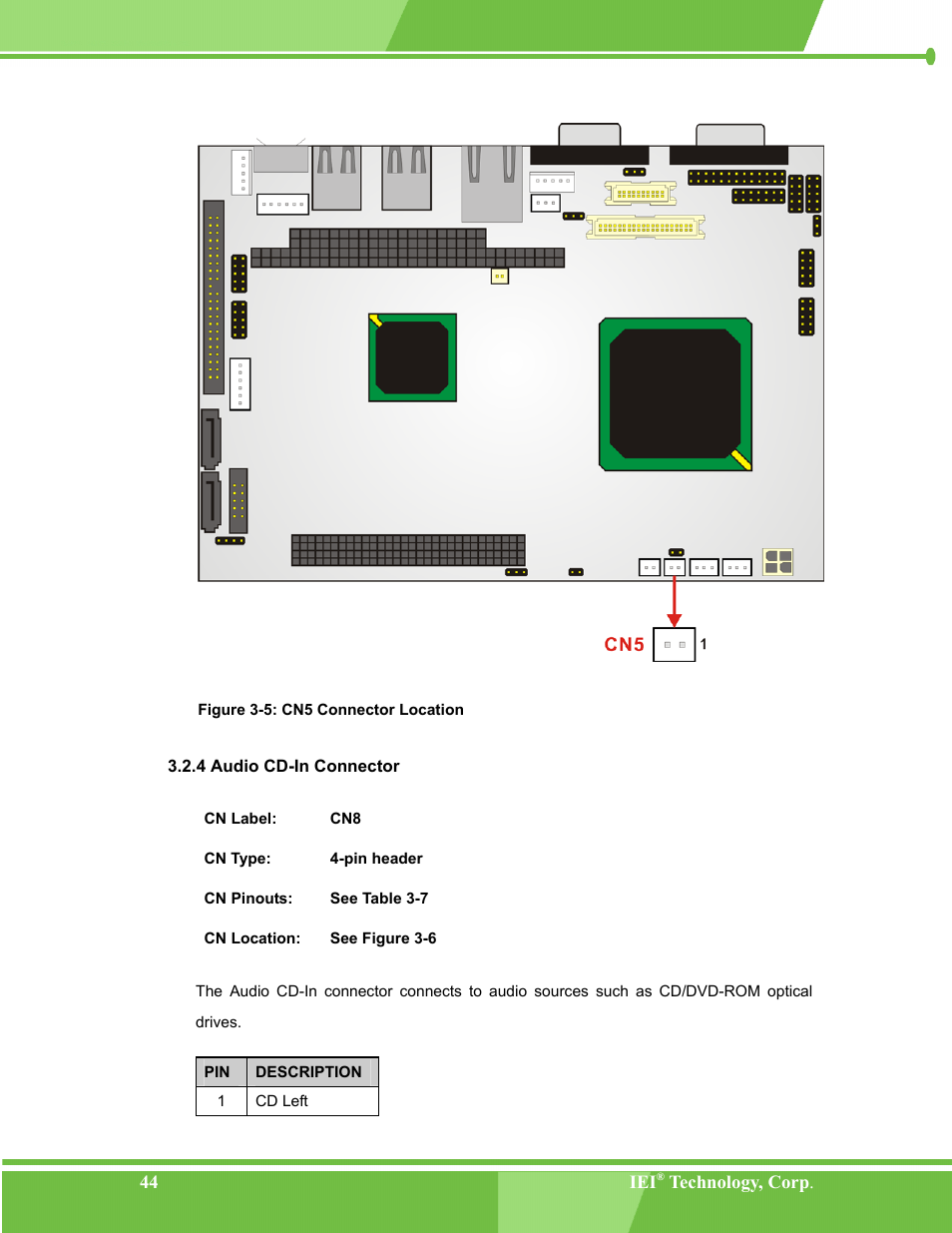 Audio cd-in connector, 4 audio cd-in connector, Figure 3-5: cn5 connector location | IEI Integration NANO-LX v1.00 User Manual | Page 44 / 211