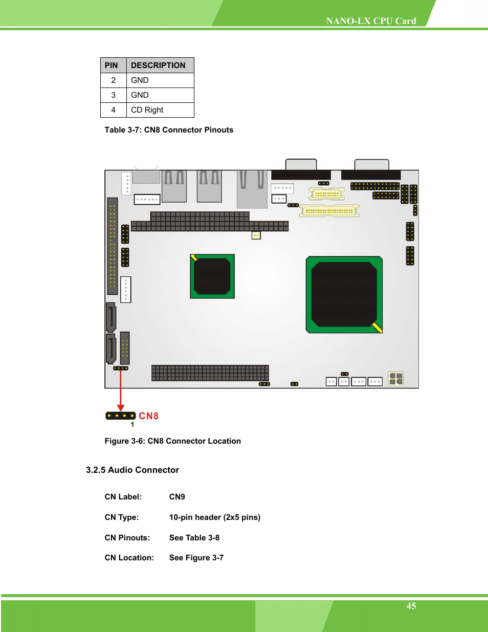 Audio connector, 5 audio connector, Figure 3-6: cn8 connector location | Table 3-7: cn8 connector pinouts | IEI Integration NANO-LX v1.00 User Manual | Page 45 / 211