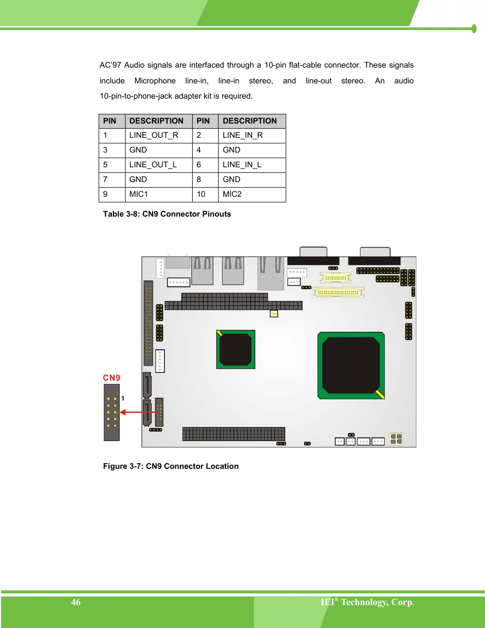 Figure 3-7: cn9 connector location, Table 3-8: cn9 connector pinouts | IEI Integration NANO-LX v1.00 User Manual | Page 46 / 211