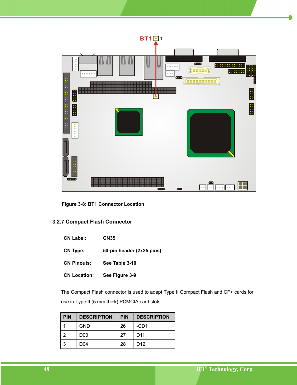 Compact flash connector, 7 compact flash connector, Figure 3-8: bt1 connector location | IEI Integration NANO-LX v1.00 User Manual | Page 48 / 211