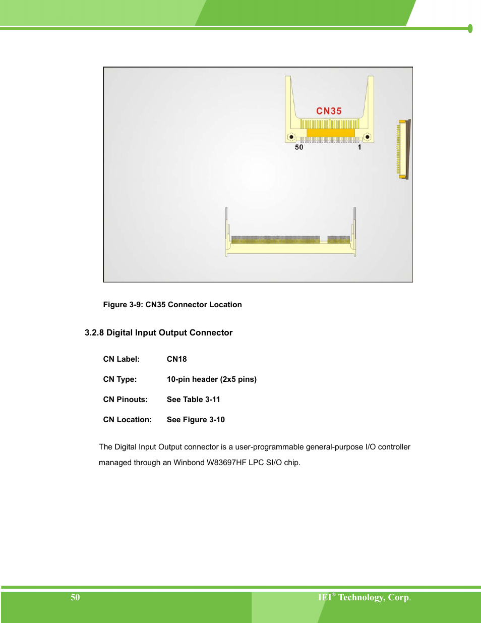 Digital input output connector, 8 digital input output connector, Figure 3-9: cn35 connector location | IEI Integration NANO-LX v1.00 User Manual | Page 50 / 211