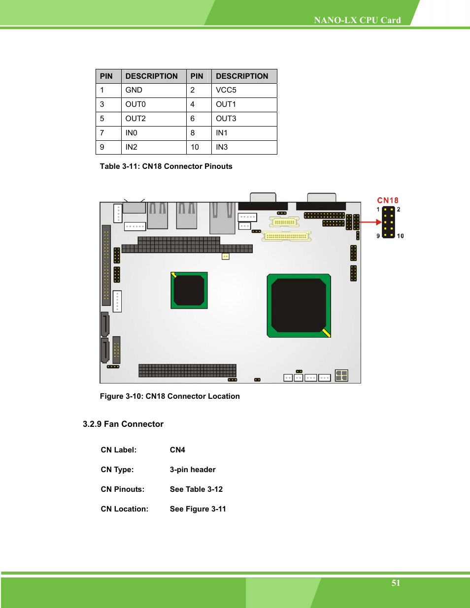Fan connector, 9 fan connector, Figure 3-10: cn18 connector location | Table 3-11: cn18 connector pinouts | IEI Integration NANO-LX v1.00 User Manual | Page 51 / 211