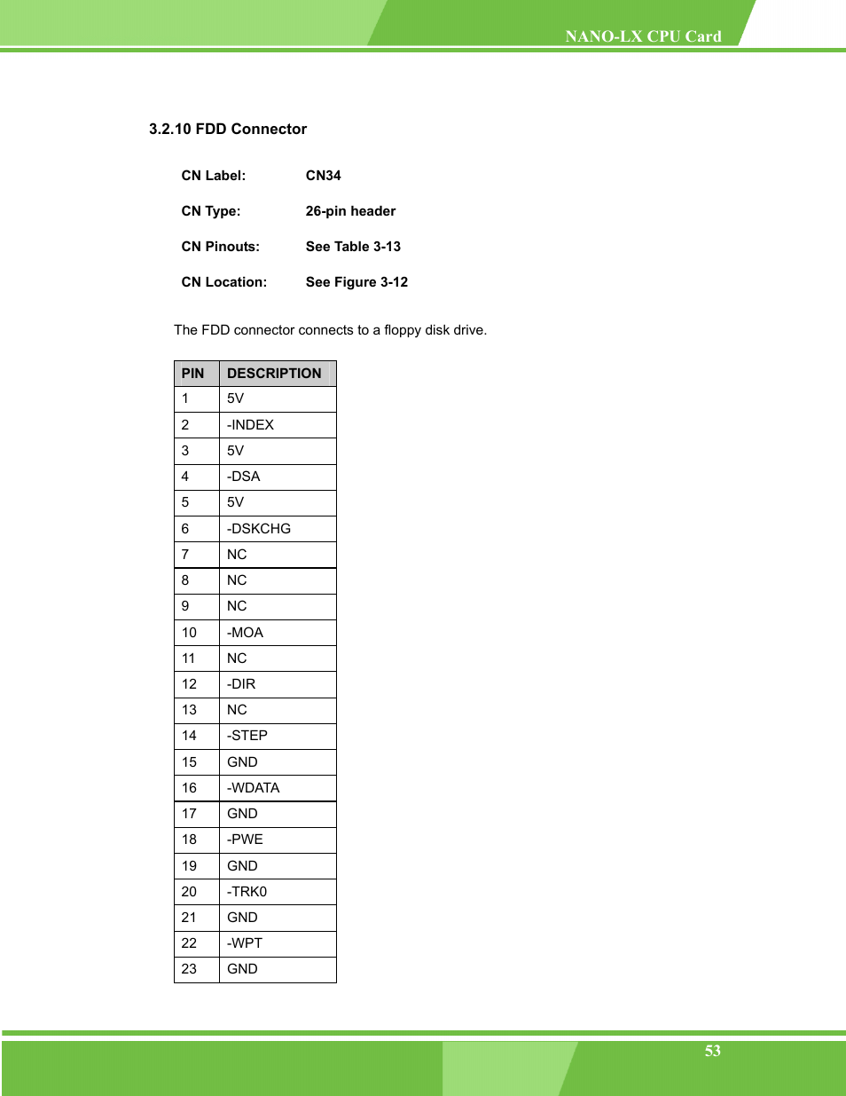 Fdd connector, 10 fdd connector | IEI Integration NANO-LX v1.00 User Manual | Page 53 / 211