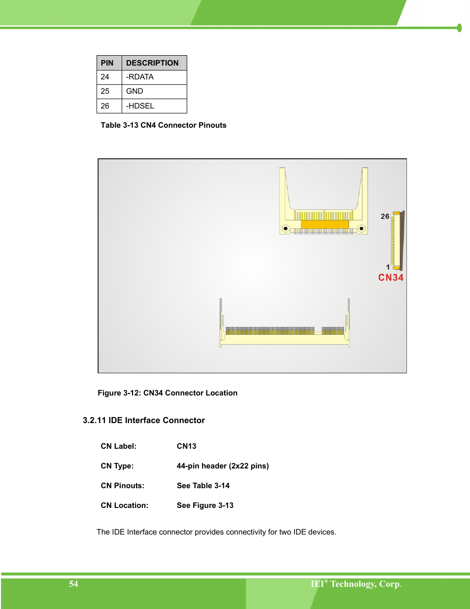 Ide interface connector, 11 ide interface connector, Figure 3-12: cn34 connector location | Table 3-13 cn4 connector pinouts | IEI Integration NANO-LX v1.00 User Manual | Page 54 / 211