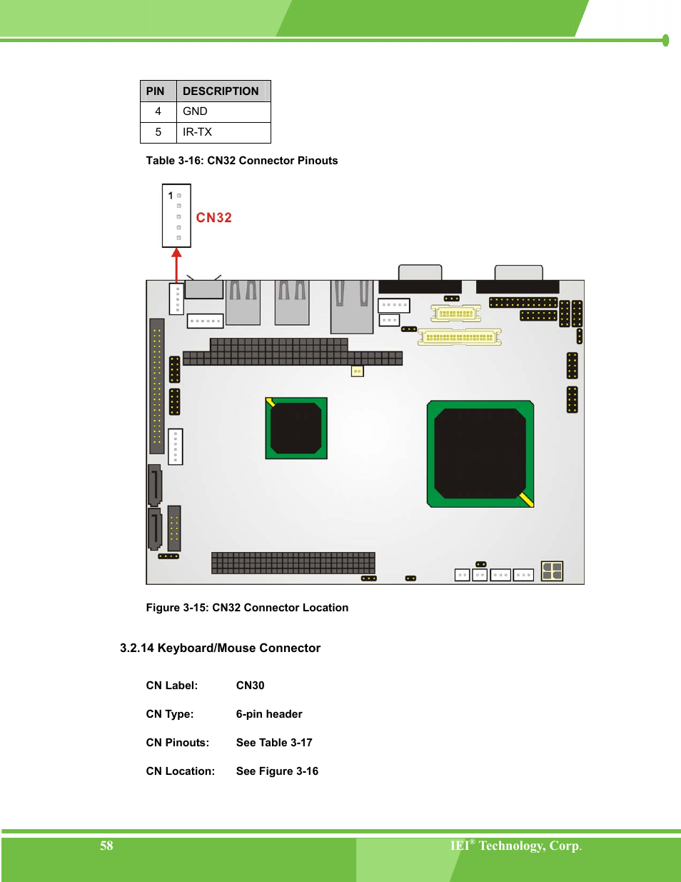 Keyboard/mouse connector, 14 keyboard/mouse connector, Figure 3-15: cn32 connector location | Table 3-16: cn32 connector pinouts | IEI Integration NANO-LX v1.00 User Manual | Page 58 / 211