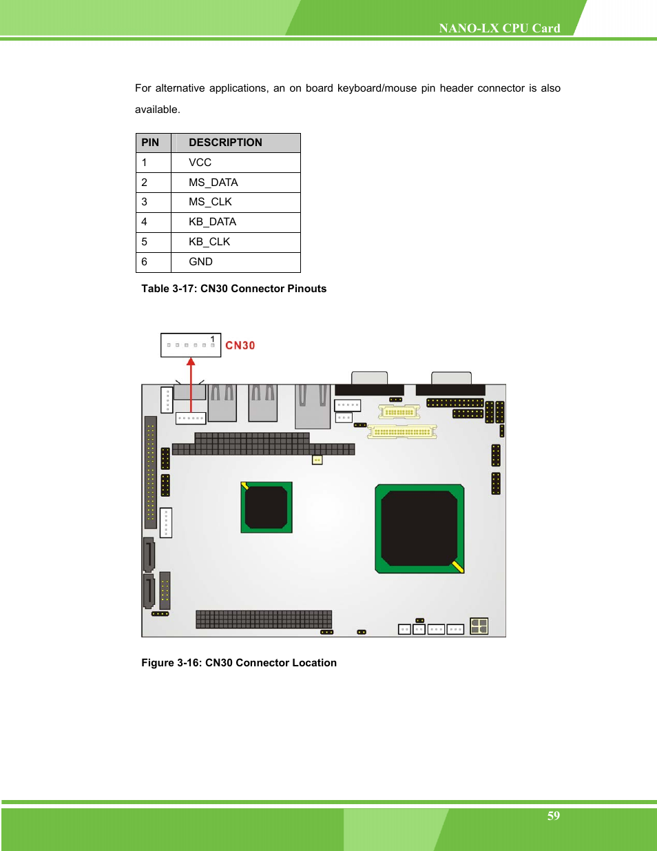 Figure 3-16: cn30 connector location, Table 3-17: cn30 connector pinouts | IEI Integration NANO-LX v1.00 User Manual | Page 59 / 211