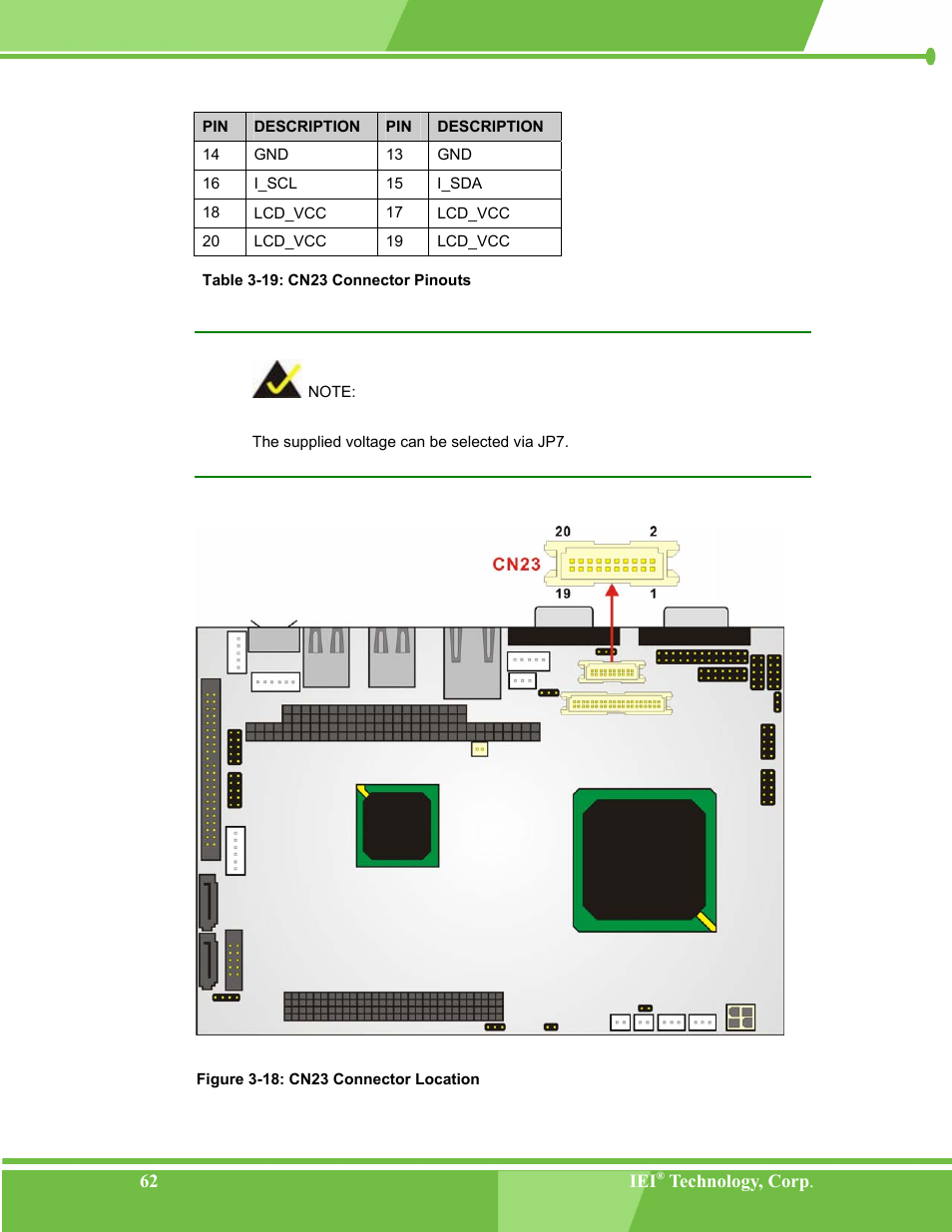 Figure 3-18: cn23 connector location, Table 3-19: cn23 connector pinouts | IEI Integration NANO-LX v1.00 User Manual | Page 62 / 211