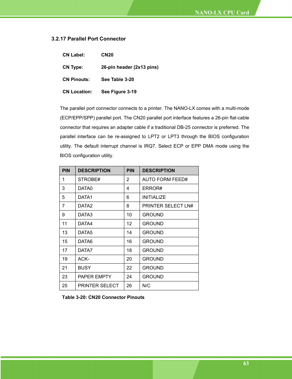 Parallel port connector, 17 parallel port connector, Table 3-20: cn20 connector pinouts | IEI Integration NANO-LX v1.00 User Manual | Page 63 / 211