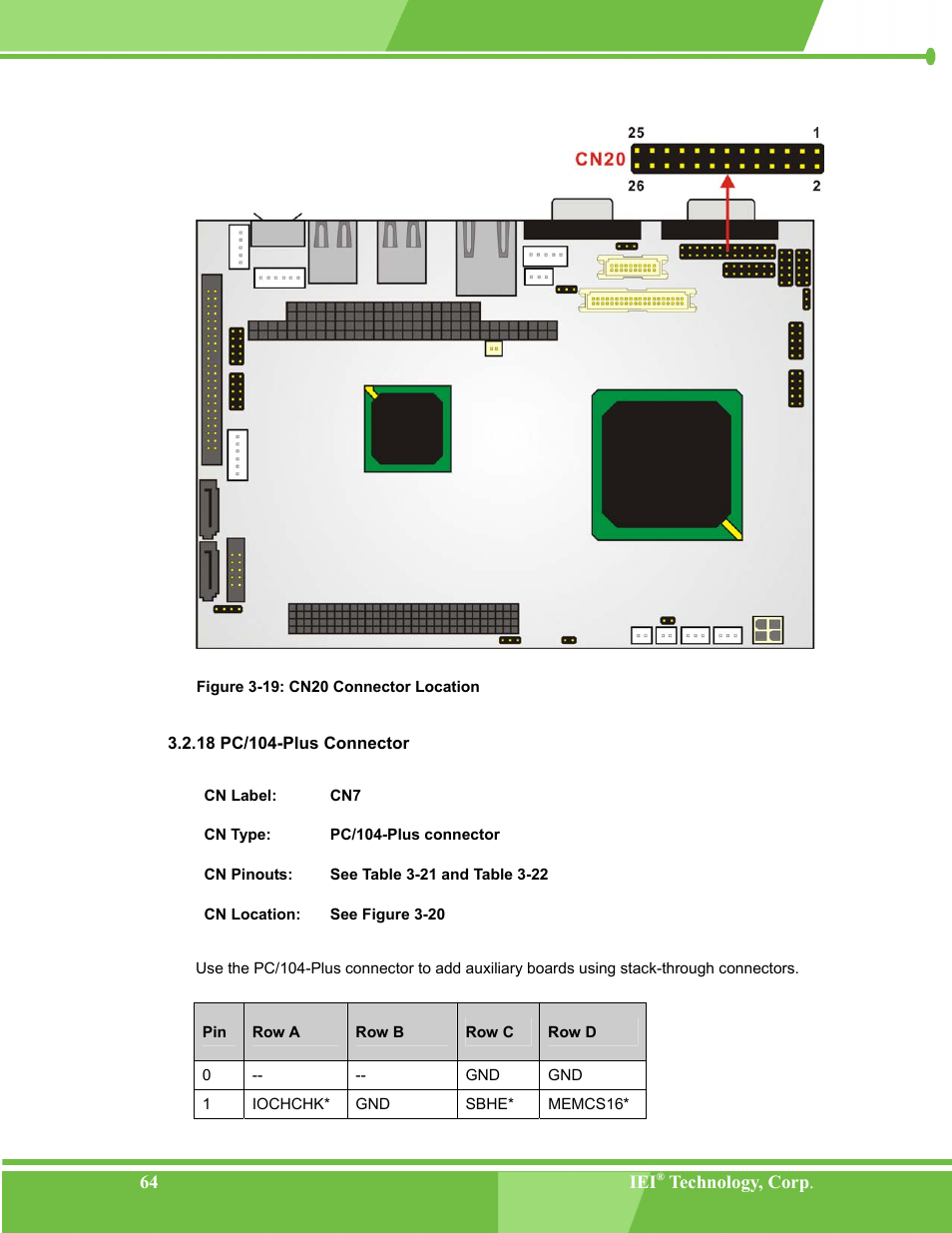 Pc/104-plus connector, 18 pc/104-plus connector, Figure 3-19: cn20 connector location | IEI Integration NANO-LX v1.00 User Manual | Page 64 / 211