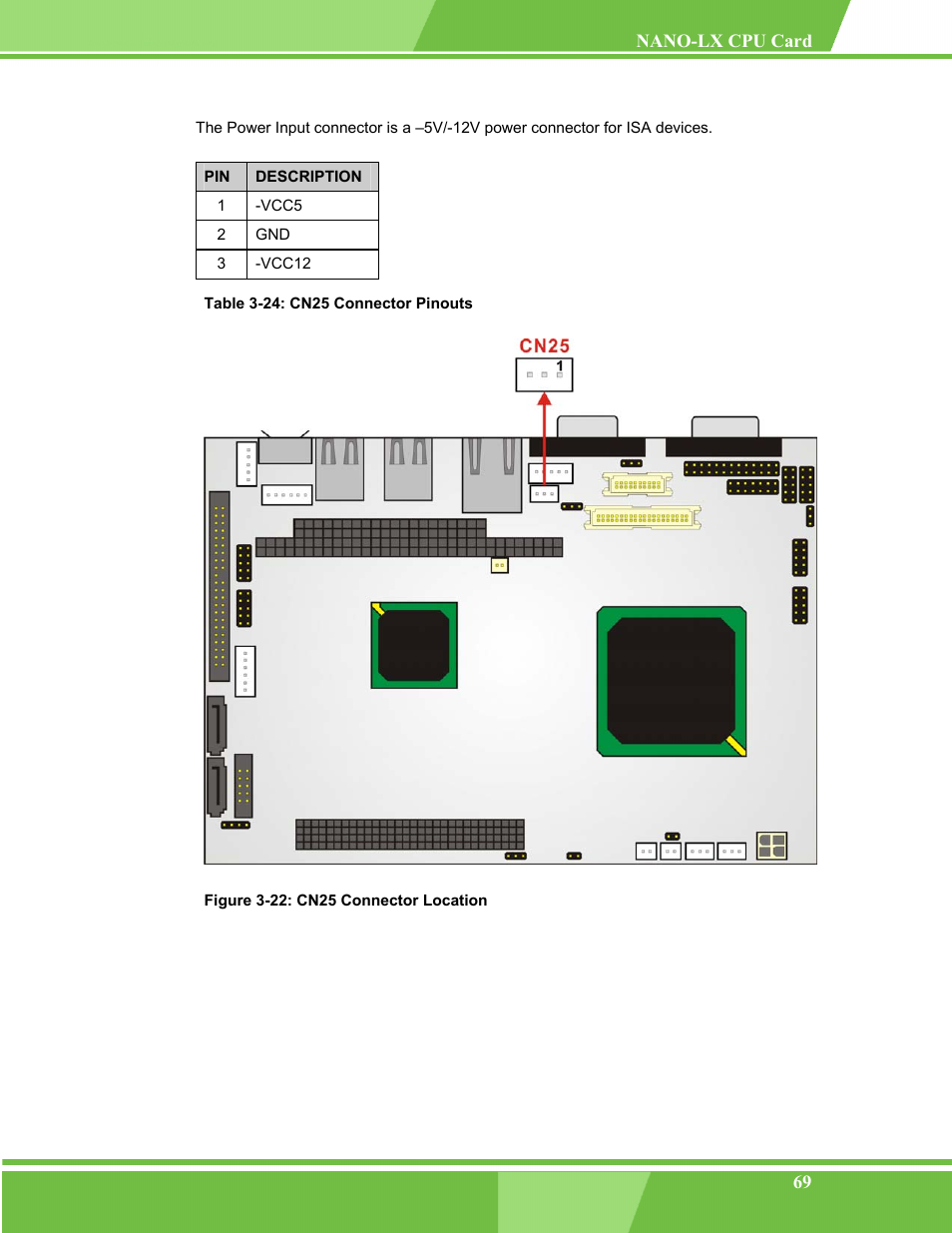Figure 3-22: cn25 connector location, Table 3-24: cn25 connector pinouts | IEI Integration NANO-LX v1.00 User Manual | Page 69 / 211