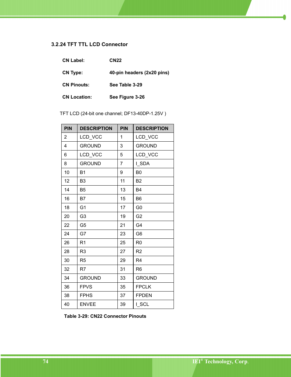 Tft ttl lcd connector, 24 tft ttl lcd connector, Table 3-29: cn22 connector pinouts | IEI Integration NANO-LX v1.00 User Manual | Page 74 / 211