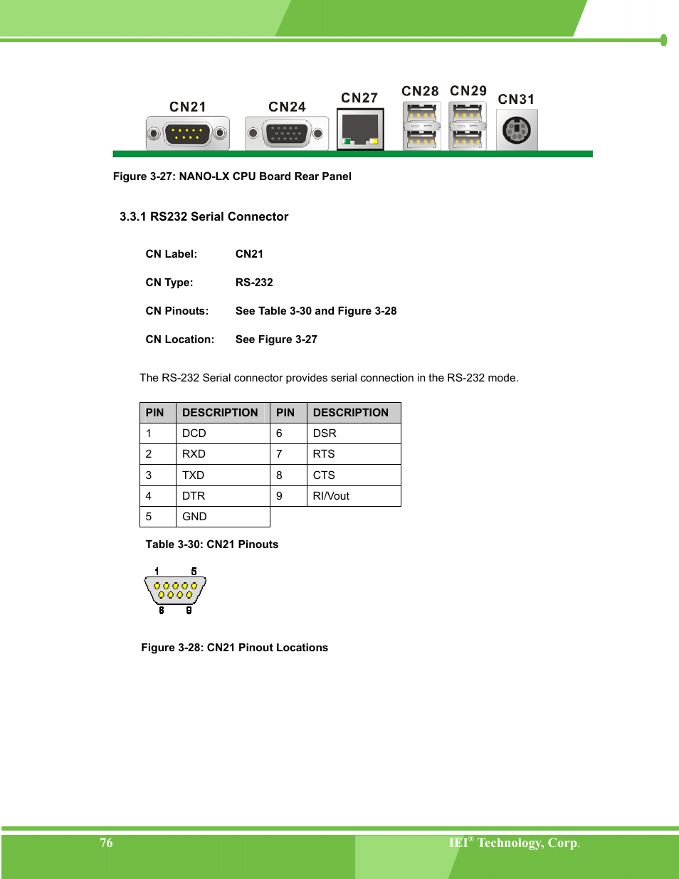 Rs232 serial connector, 1 rs232 serial connector, Figure 3-27: nano-lx cpu board rear panel | Figure 3-28: cn21 pinout locations, Table 3-30: cn21 pinouts | IEI Integration NANO-LX v1.00 User Manual | Page 76 / 211
