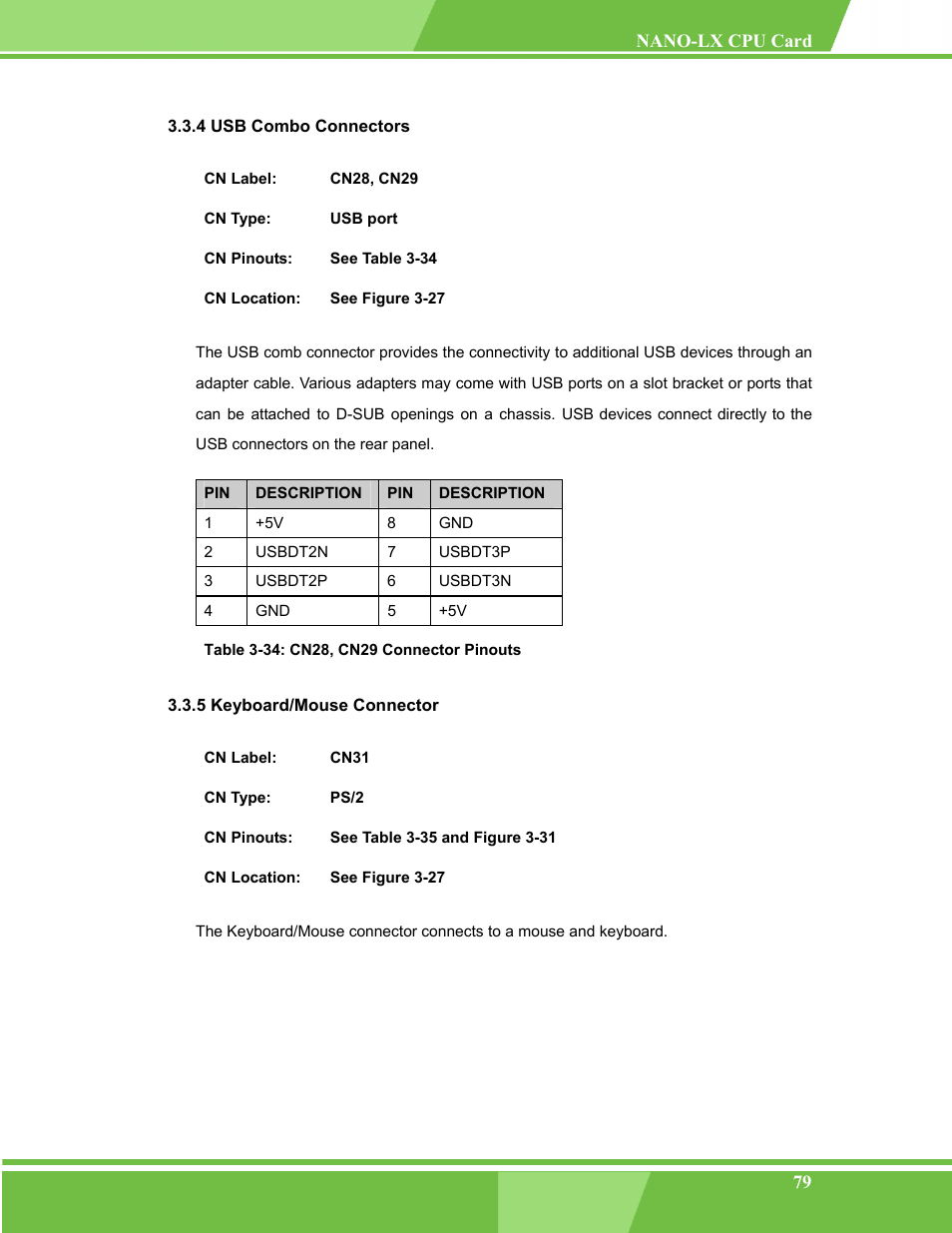 Usb combo connectors, Keyboard/mouse connector, Table 3-34: cn28, cn29 connector pinouts | IEI Integration NANO-LX v1.00 User Manual | Page 79 / 211