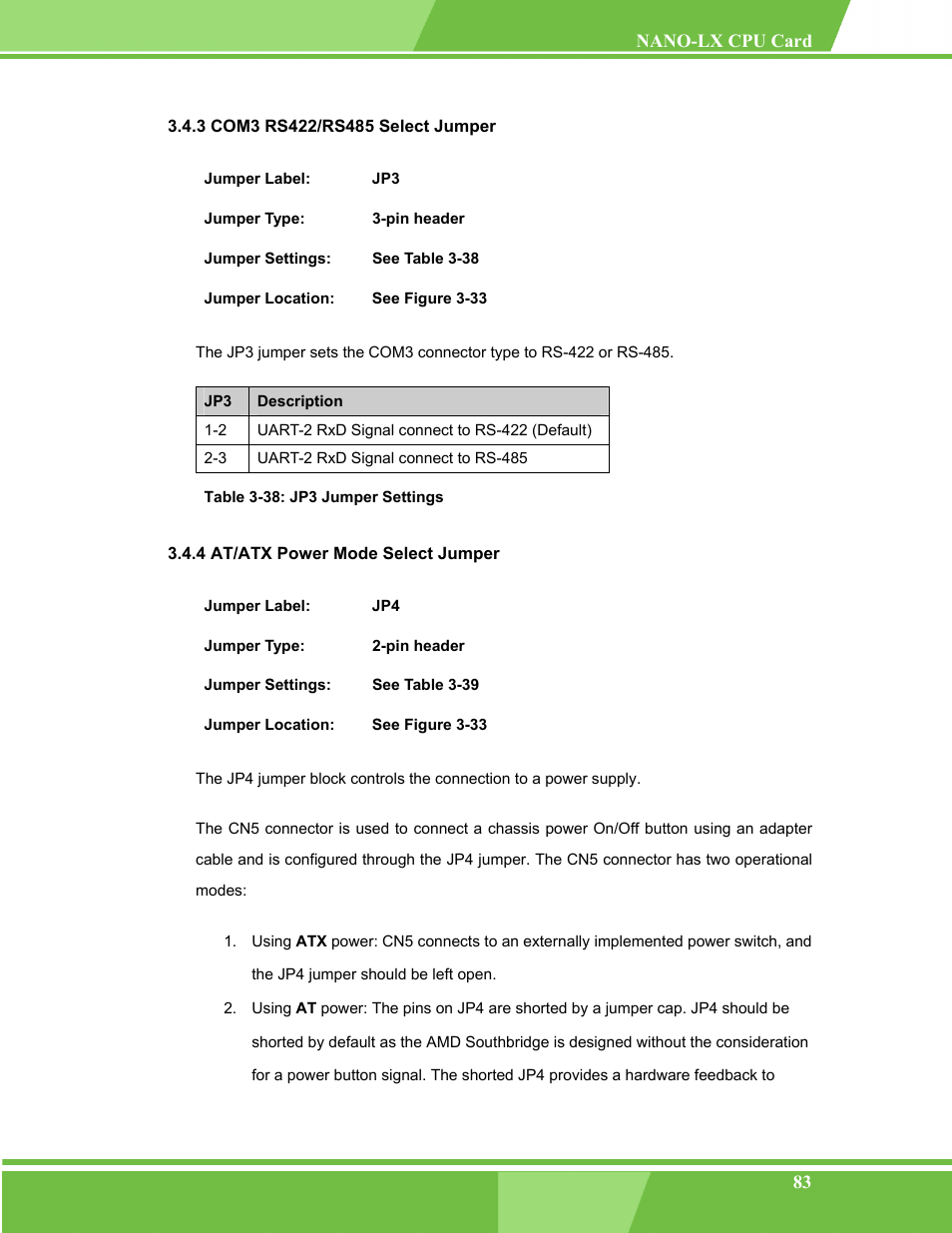 Com3 rs422/rs485 select jumper, At/atx power mode select jumper, Table 3-38: jp3 jumper settings | IEI Integration NANO-LX v1.00 User Manual | Page 83 / 211