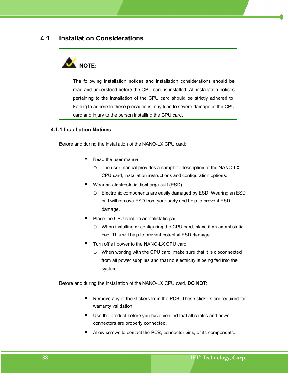 Installation considerations, Installation notices, Nstallation | Onsiderations, 1 installation notices, 1 installation considerations | IEI Integration NANO-LX v1.00 User Manual | Page 88 / 211