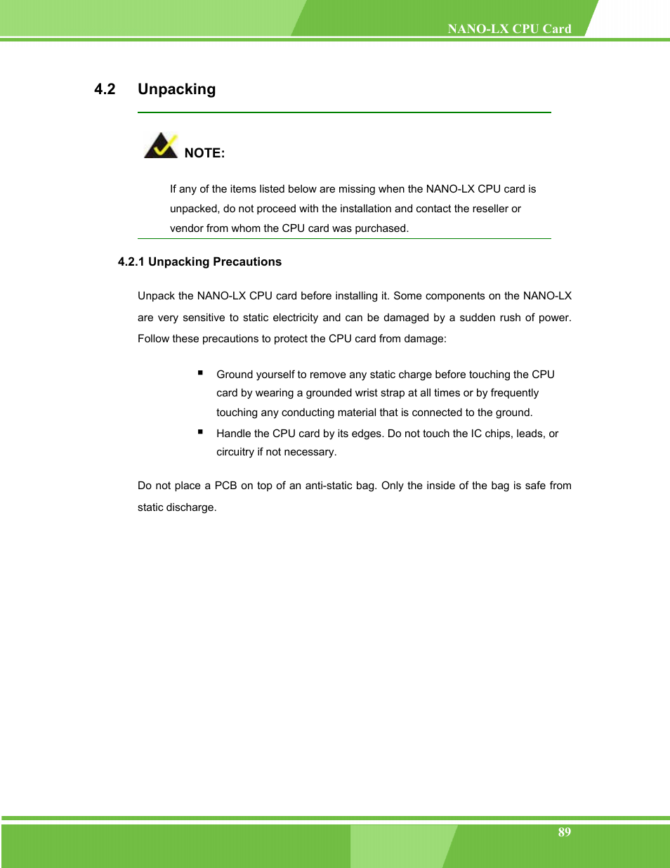 Unpacking, Unpacking precautions, Npacking | 1 unpacking precautions, 2 unpacking | IEI Integration NANO-LX v1.00 User Manual | Page 89 / 211