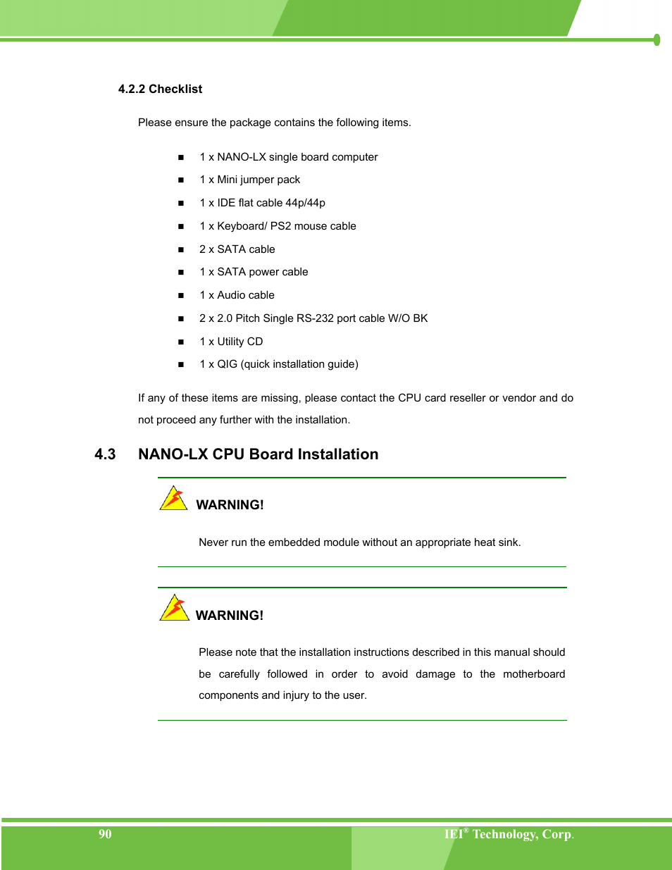 Checklist, Nano-lx cpu board installation, 2 checklist | 3 nano-lx, Oard, Nstallation, 3 nano-lx cpu board installation | IEI Integration NANO-LX v1.00 User Manual | Page 90 / 211