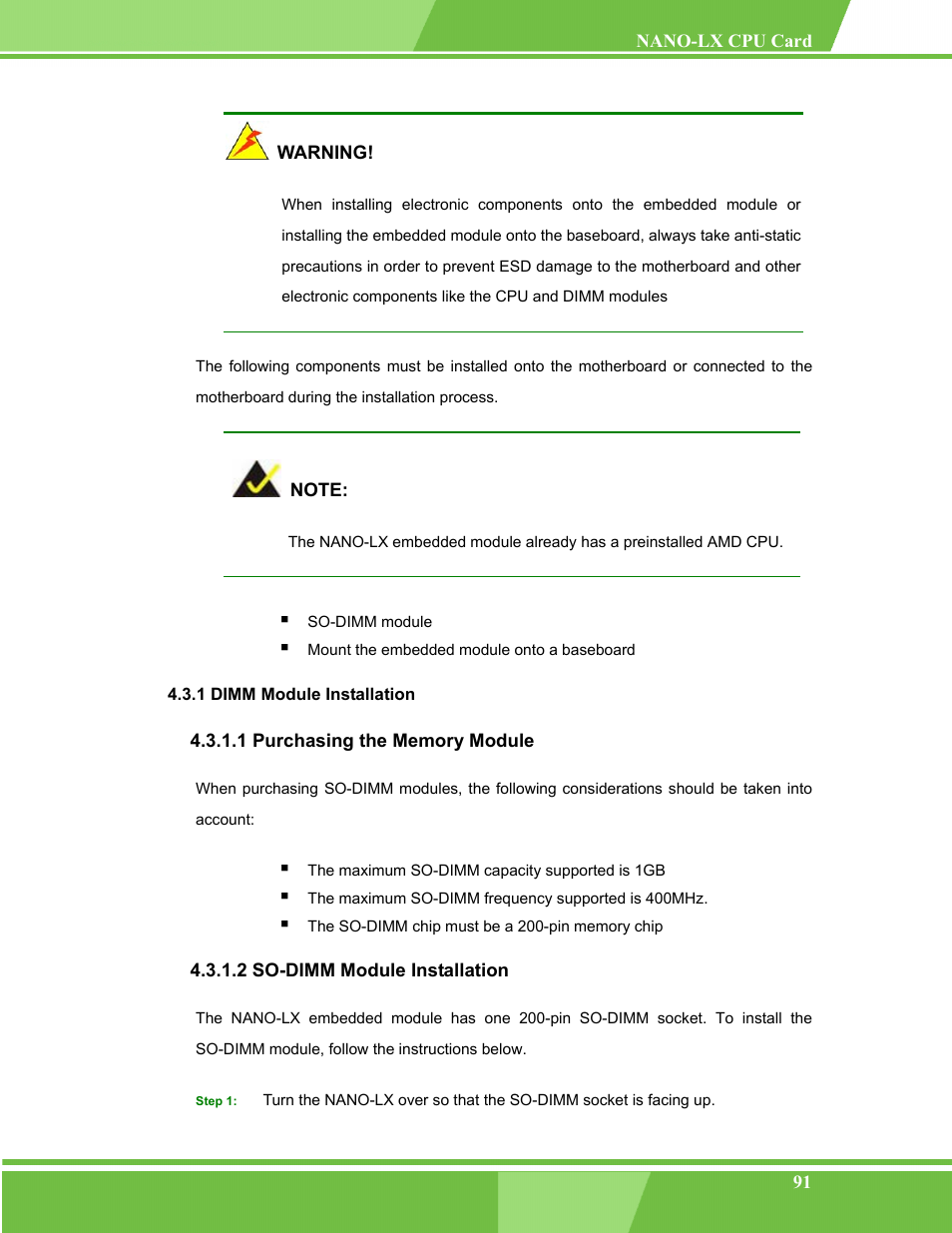 Dimm module installation, Purchasing the memory module, So-dimm module installation | 1 dimm module installation | IEI Integration NANO-LX v1.00 User Manual | Page 91 / 211