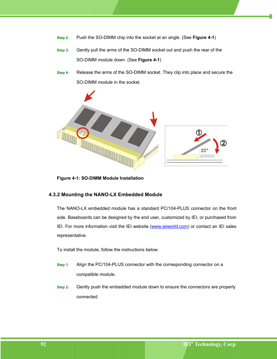 Mounting the nano-lx embedded module, 2 mounting the nano-lx embedded module, Figure 4-1: so-dimm module installation | IEI Integration NANO-LX v1.00 User Manual | Page 92 / 211