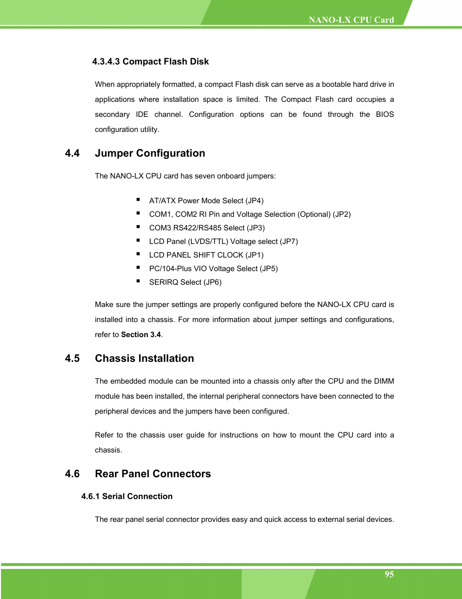 Compact flash disk, Jumper configuration, Chassis installation | Rear panel connectors, Serial connection, 3 compact flash disk, Umper, Onfiguration, Hassis, Nstallation | IEI Integration NANO-LX v1.00 User Manual | Page 95 / 211