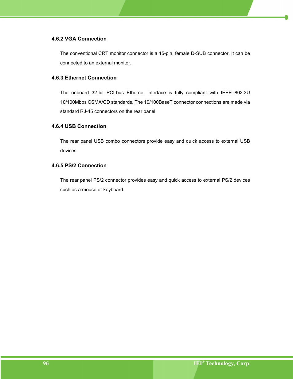 Vga connection, Ethernet connection, Usb connection | Ps/2 connection | IEI Integration NANO-LX v1.00 User Manual | Page 96 / 211
