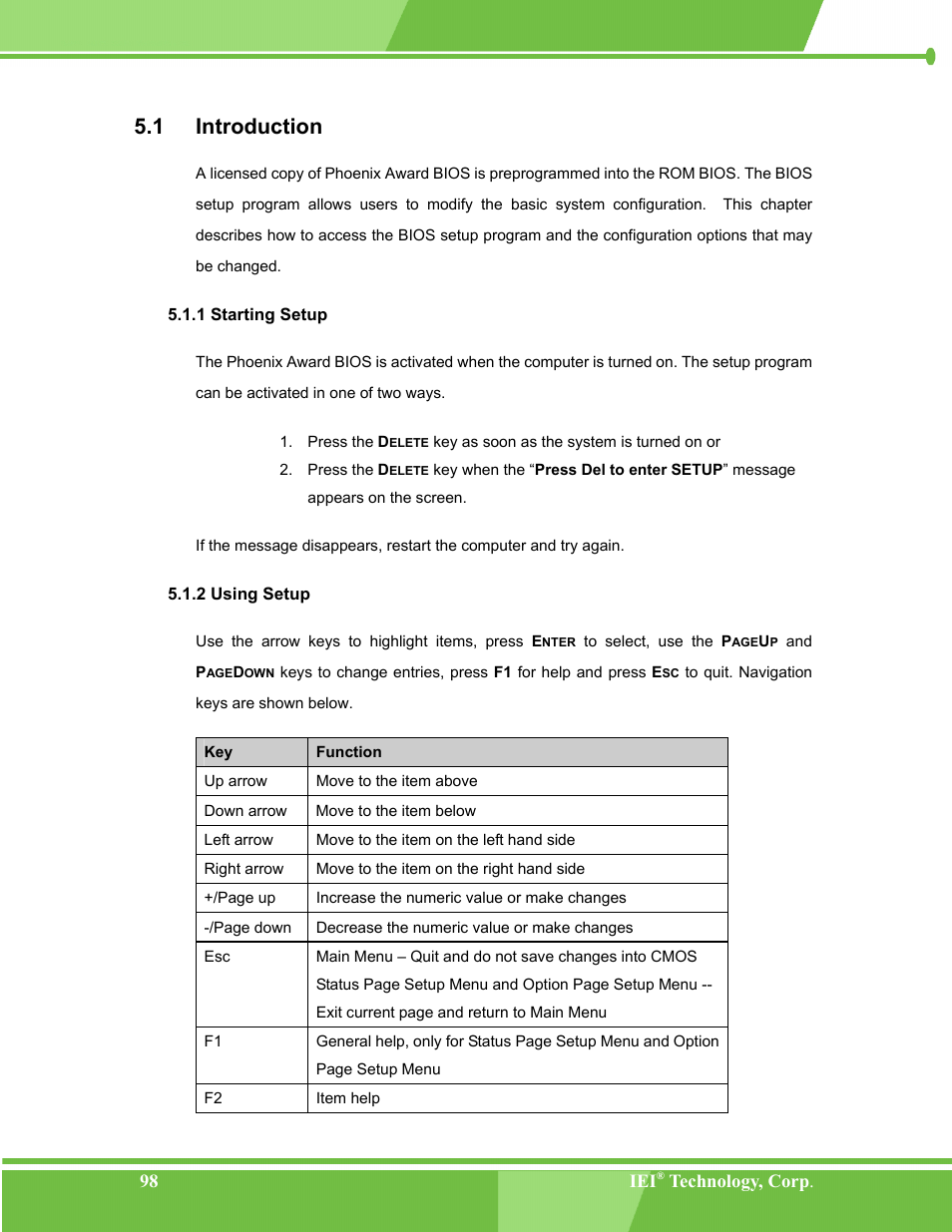 Introduction, Starting setup, Using setup | Ntroduction, 1 starting setup, 2 using setup, 1 introduction | IEI Integration NANO-LX v1.00 User Manual | Page 98 / 211