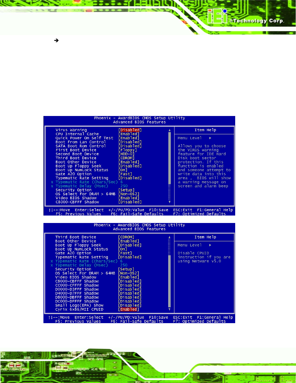 3 advanced bios features, Dvanced, Bios f | Eatures, Bios menu 4: advanced bios features | IEI Integration NANO-LX v1.10 User Manual | Page 125 / 232