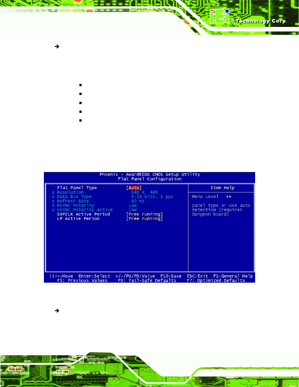 1 flat panel configuration, Bios menu 6: flat panel configuration | IEI Integration NANO-LX v1.10 User Manual | Page 135 / 232