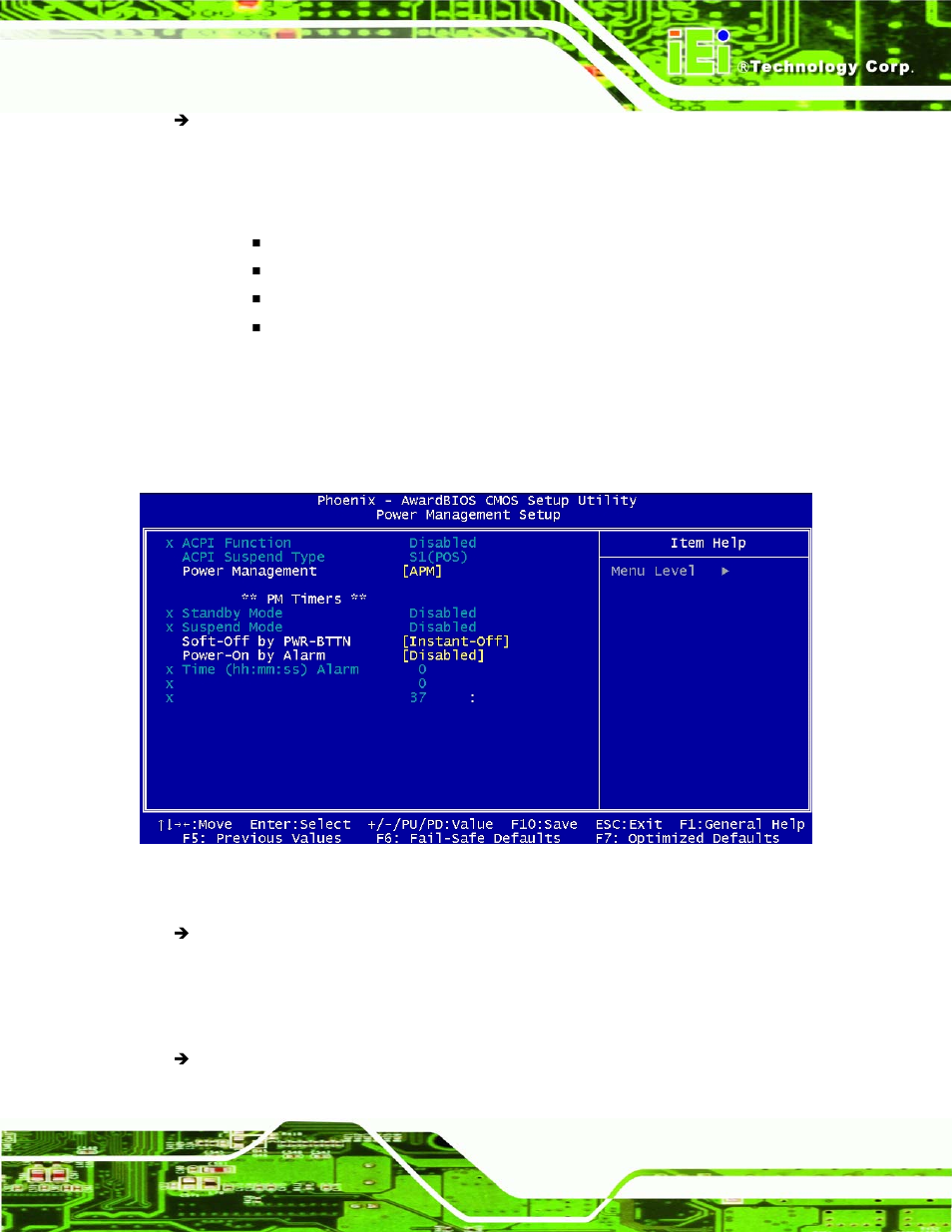 6 power management setup, Ower, Anagement | Etup, Bios menu 8: power management setup | IEI Integration NANO-LX v1.10 User Manual | Page 145 / 232