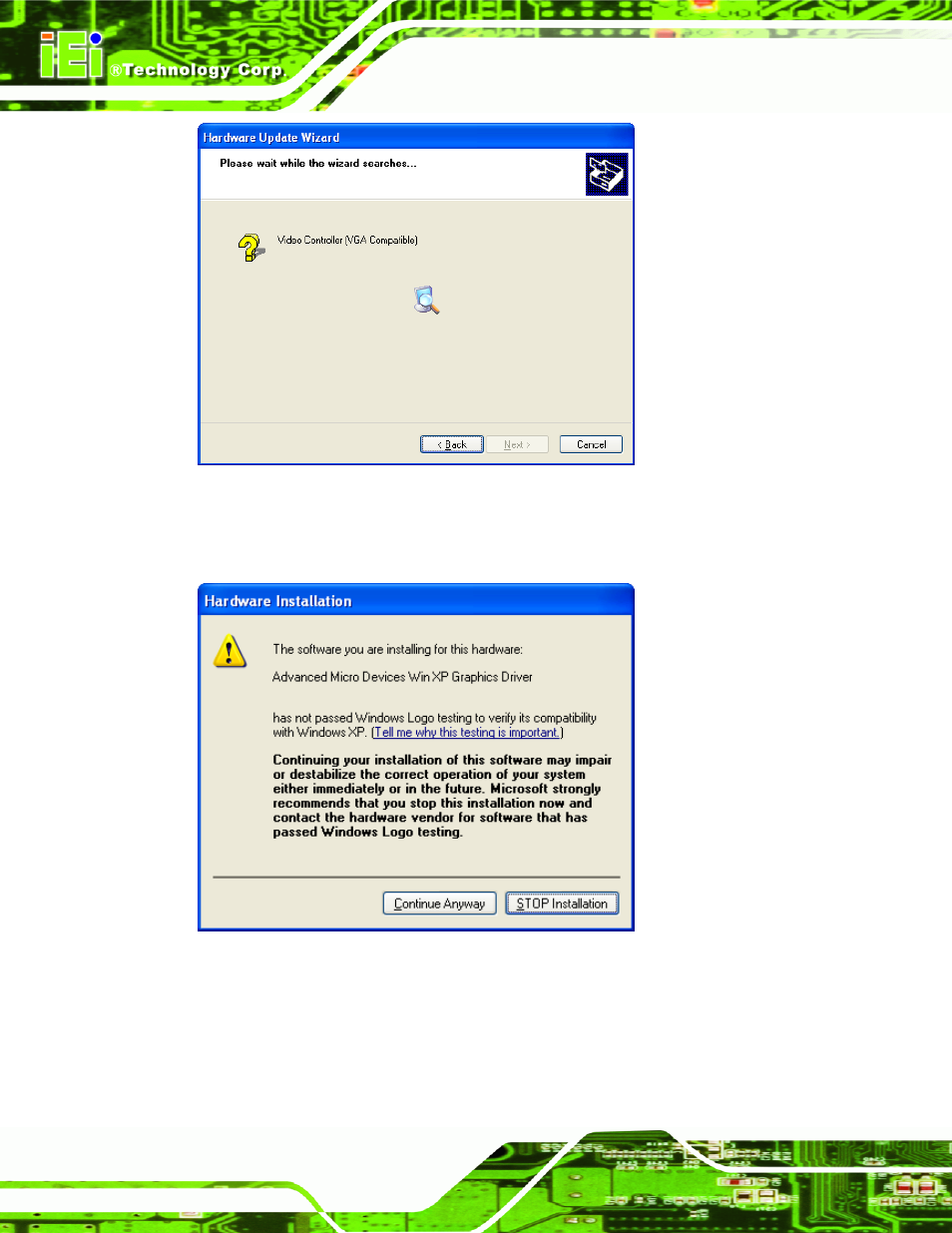 Figure 7-13: hardware update wizard search window, Figure 7-14: windows logo testing window | IEI Integration NANO-LX v1.10 User Manual | Page 166 / 232
