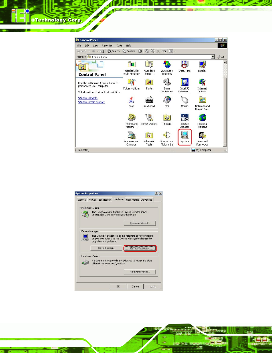 Figure 7-19: double click the system icon, Figure 7-20: double click the device manager tab | IEI Integration NANO-LX v1.10 User Manual | Page 170 / 232