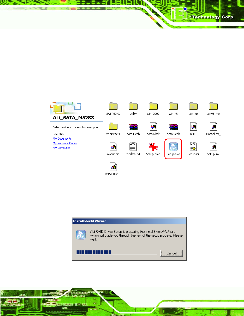 5 sata/raid driver, 5 sata/raid d, River | Figure 7-30: locate the setup program icon, Figure 7-31: preparing setup screen | IEI Integration NANO-LX v1.10 User Manual | Page 179 / 232