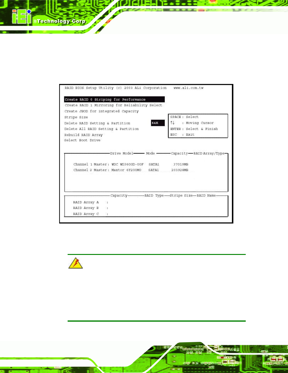 E.4 raid bios setup utility, E.5 raid options, E.5.1 create raid0 striping for performance | E.4 raid bios s, Etup, Tility, E.5 raid o, Ptions | IEI Integration NANO-LX v1.10 User Manual | Page 216 / 232
